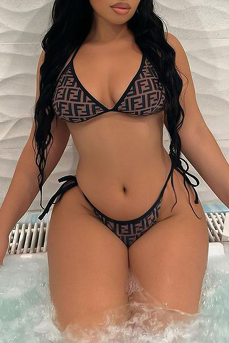 

Brown Fashion Sexy Letter Bandage Swimwears