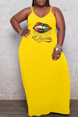 Yellow Casual Print Patchwork Spaghetti Strap Sling Dress Plus Size Dresses