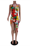 Multicolor Fashion Sexy Print Backless Cross Straps Schlitz V-Ausschnitt Ärmelloses Kleid Kleider