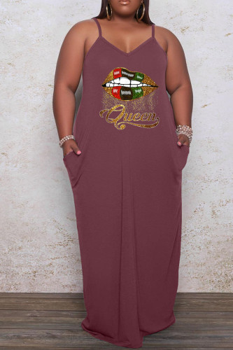 Brown Casual Print Patchwork Spaghetti Strap Sling Dress Plus Size Dresses