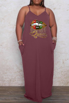 Vestido de tirante de espagueti de patchwork con estampado casual marrón Vestidos de talla grande