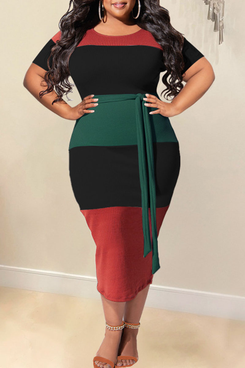 

Red Black Casual Striped Print Bandage Split Joint O Neck One Step Skirt Plus Size Dresses