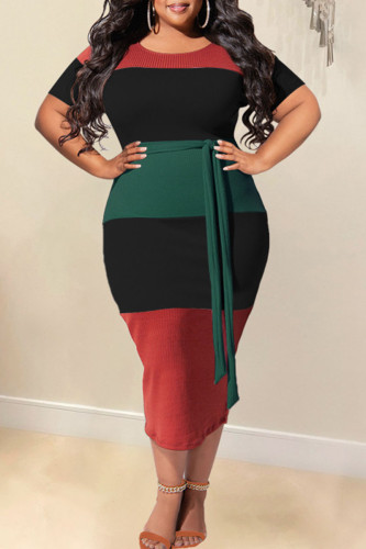 Red Black Casual Striped Print Bandage Split Joint O Neck One Step Skirt Plus Size Dresses