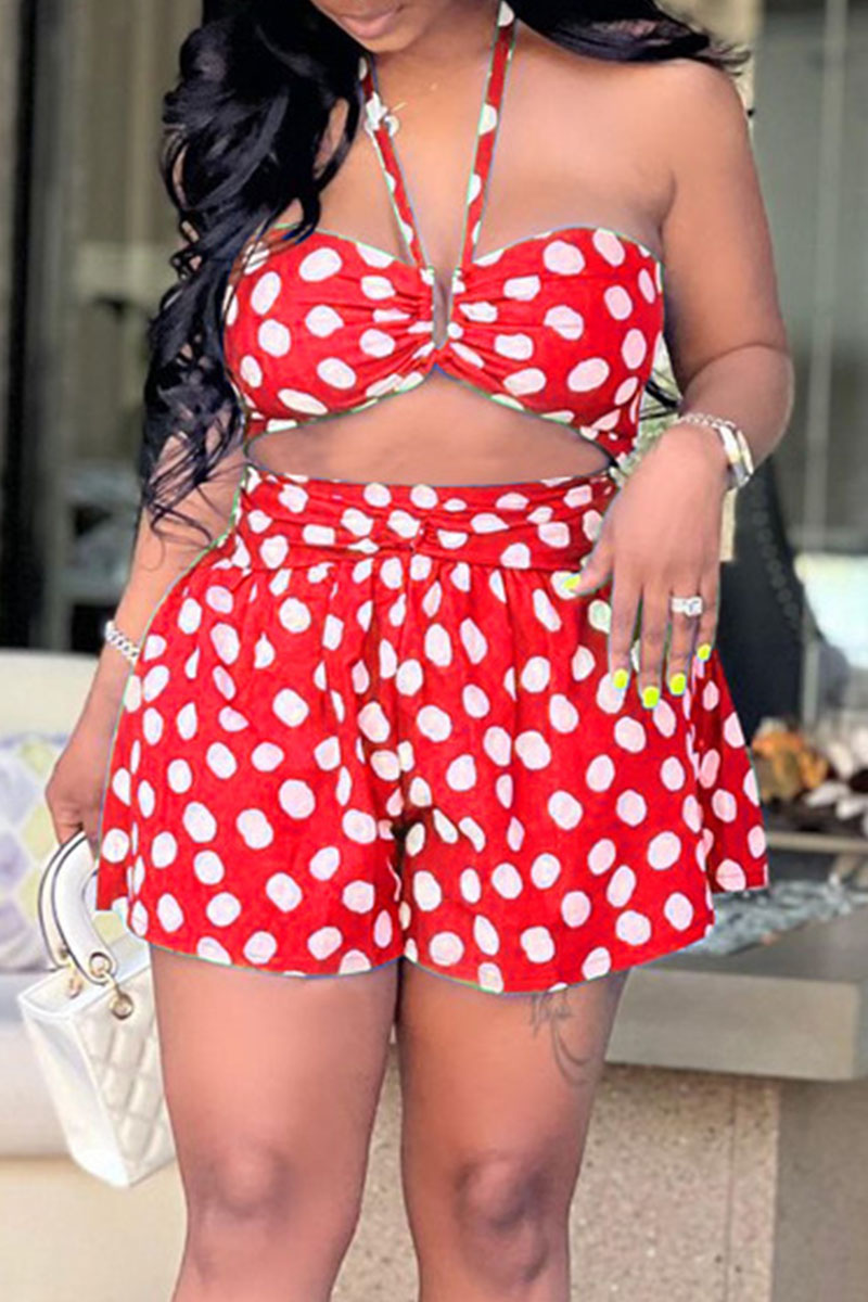 

Red Sexy Print Polka Dot Split Joint Halter Sleeveless Two Pieces