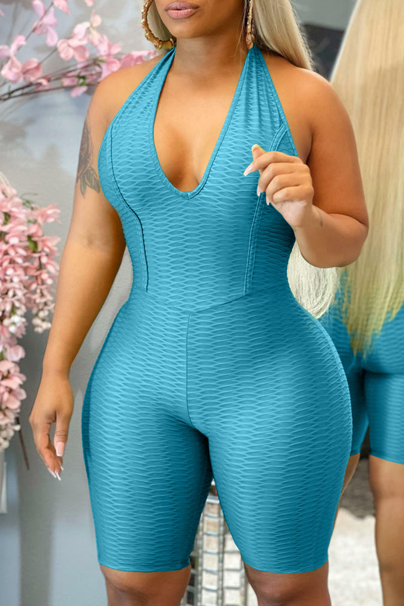 

Cyan Sexy Solid Split Joint Backless Halter Regular Jumpsuits
