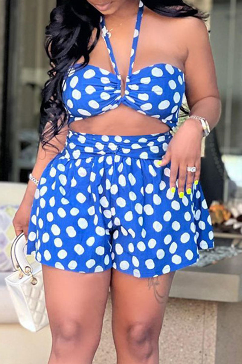 

Blue Sexy Print Polka Dot Split Joint Halter Sleeveless Two Pieces