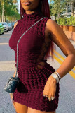 Burgundy Sexy Solid Bandage Hollowed Out Patchwork Half A Turtleneck Pencil Skirt Dresses