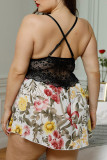 Red Sexy Living Plus Size  Print Patchwork Backless V Neck Sling Nightdress