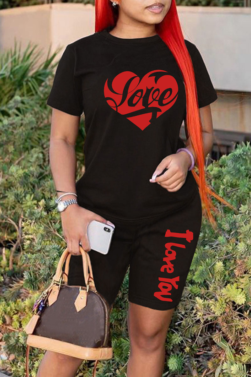 

Black Casual Print Split Joint O Neck Short Sleeve Two Pieces
