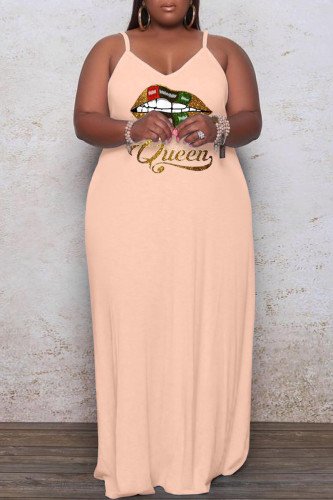 Apricot Casual Print Patchwork Spaghetti Strap Sling Dress Plus Size Dresses