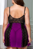 Purple Fashion Plus Size Patchwork See-through Backless V Neck Sling Nightdress