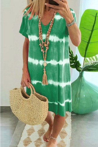 Green Fashion Casual Print Basic V Neck Short Sleeve Dress Dresses