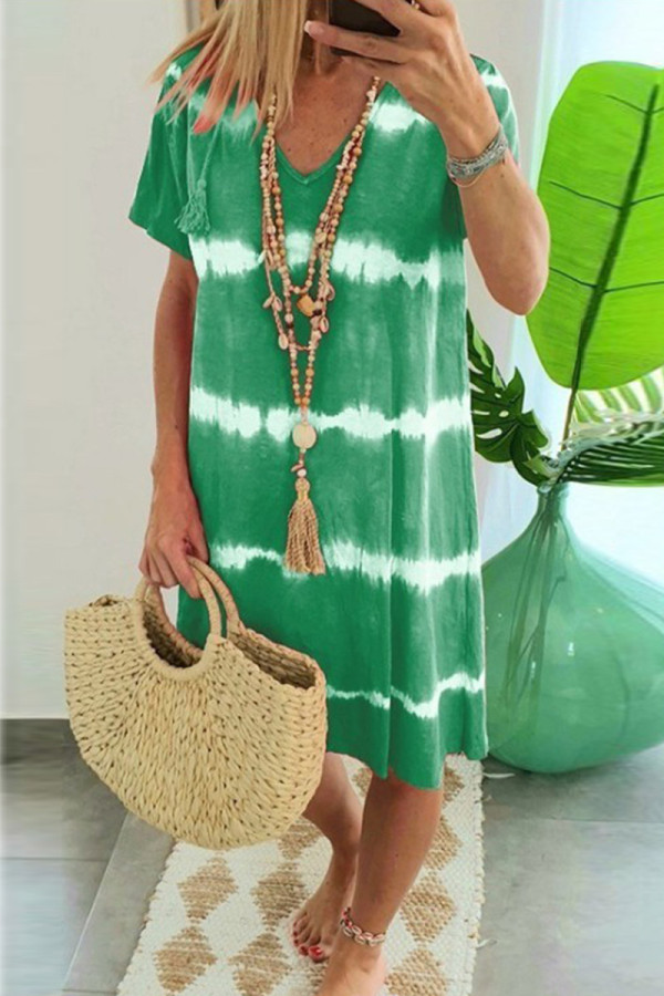Зеленые модные повседневные платья с V-образным вырезом и короткими рукавами с принтом