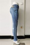 Schwarze, graue, modische, lässige, sportliche, Patchwork-Jeans mit schmaler Bleistifthose und hoher Taille