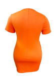 オレンジ ファッション カジュアル プラス サイズ レター プリント ベーシック V ネック ショート スリーブ ドレス