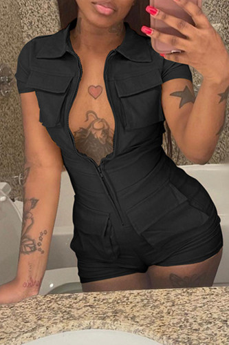 Black Casual Solid Patchwork Zipper Turndown Collar Regular Rompers
