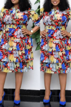 Couleur Fashion Print Flounce O Neck Cake Jupe Plus Size Robes