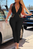 Rose Red Fashion Sexy Casual Solid Hollowed Out Backless Halter Skinny Jumpsuits