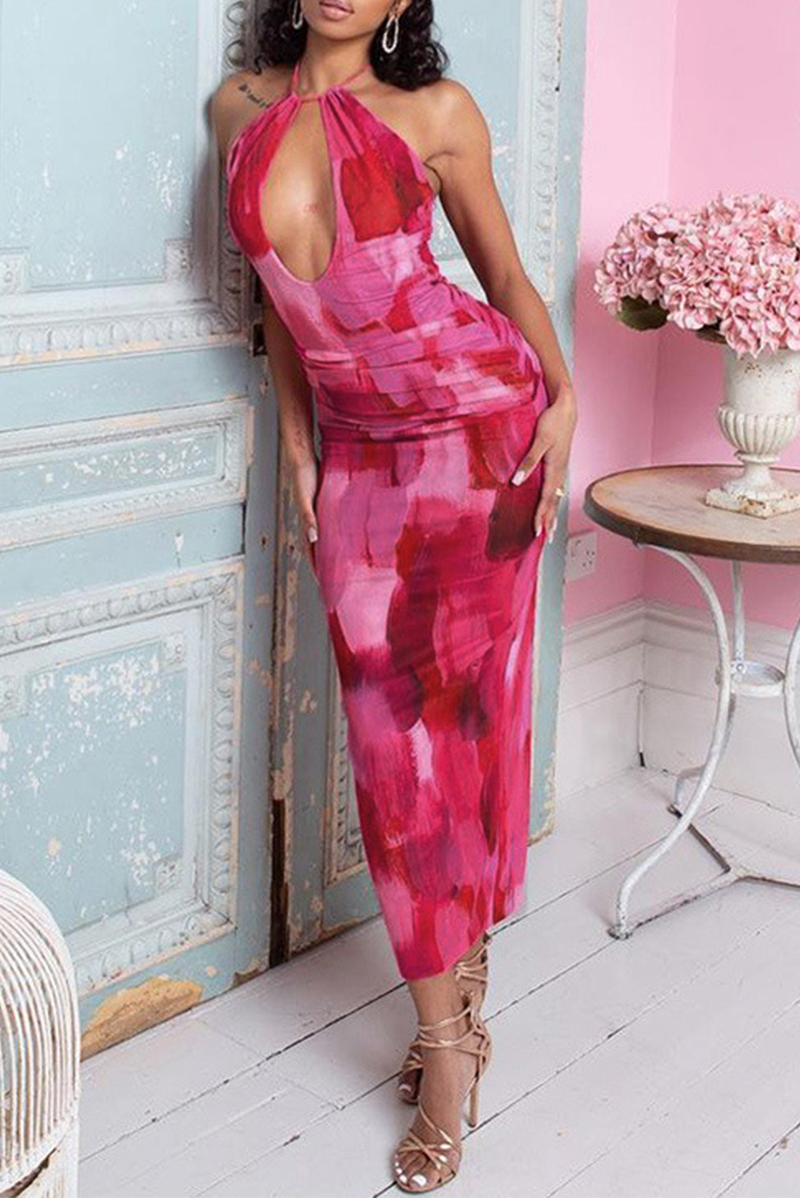 

Rose Red Sexy Print Split Joint Halter Pencil Skirt Dresses