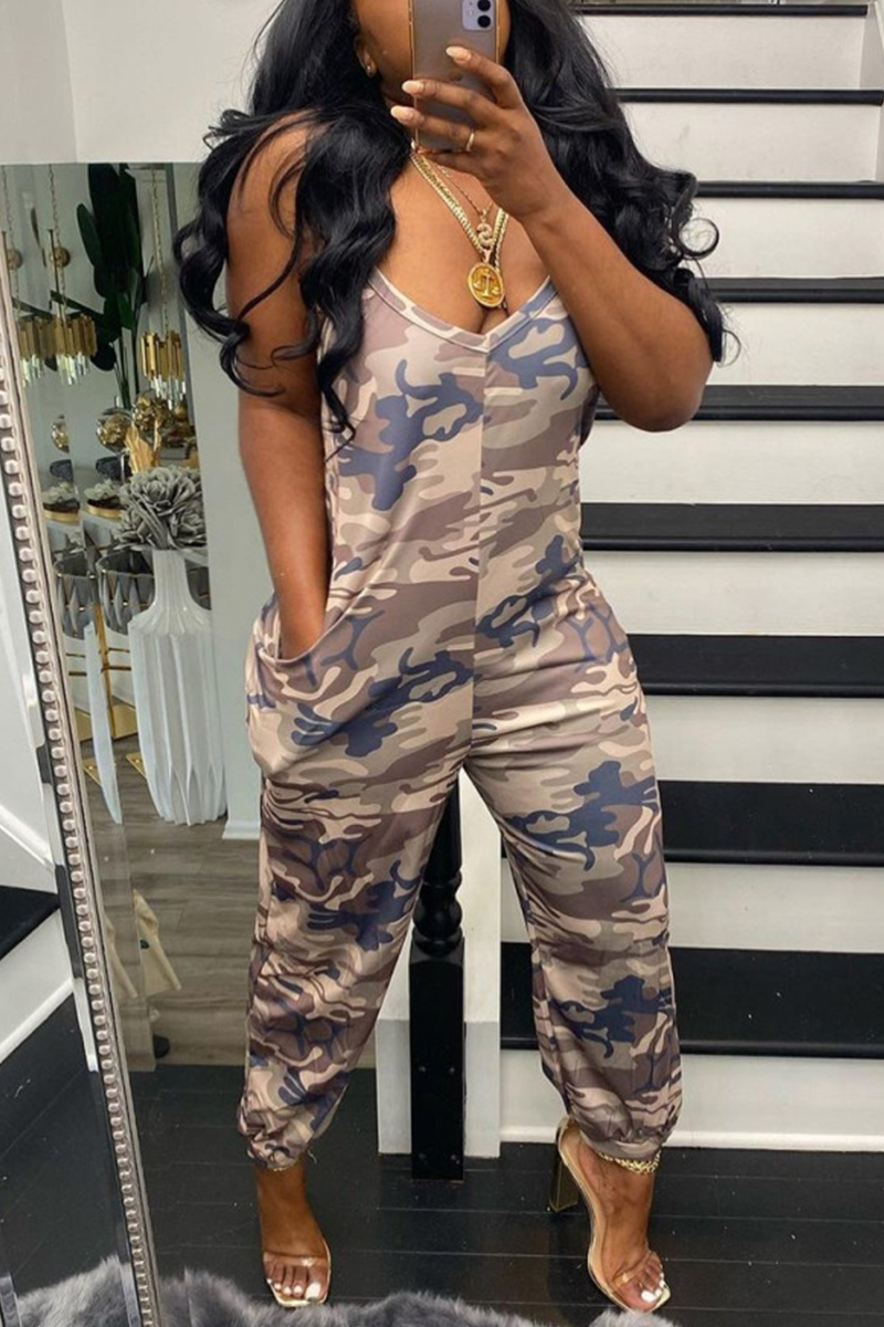 

Camouflage Sexy Camouflage Print Split Joint Spaghetti Strap Harlan Jumpsuits