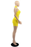 Pagliaccetto skinny con scollo all'americana senza schienale scavato solido sexy giallo moda