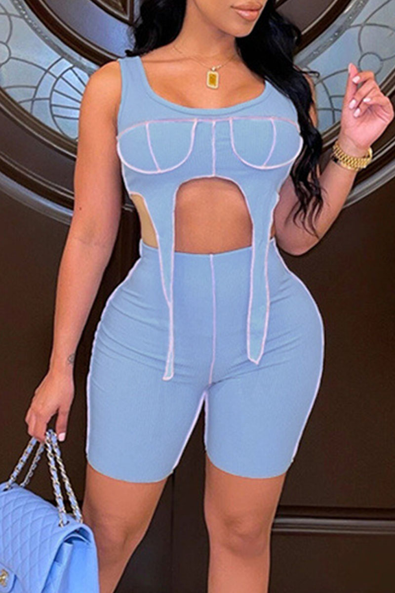 

Blue Sexy Solid Split Joint Asymmetrical U Neck Two Pieces