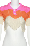 Pink Sexy Patchwork Hollowed Out Turndown Collar Tops