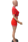 Red Casual Street Solid Patchwork Buckle Slit Short Sleeve Two Pieces