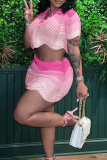 Pink Sexy Patchwork ausgehöhlte Turndown-Kragen-Tops