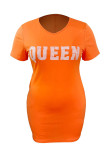 オレンジ ファッション カジュアル プラス サイズ レター プリント ベーシック V ネック ショート スリーブ ドレス