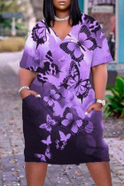 Пурпурные повседневные лоскутные платья с V-образным вырезом и карманами в стиле пэчворк