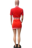 Red Casual Street Solid Patchwork Buckle Slit Short Sleeve Two Pieces