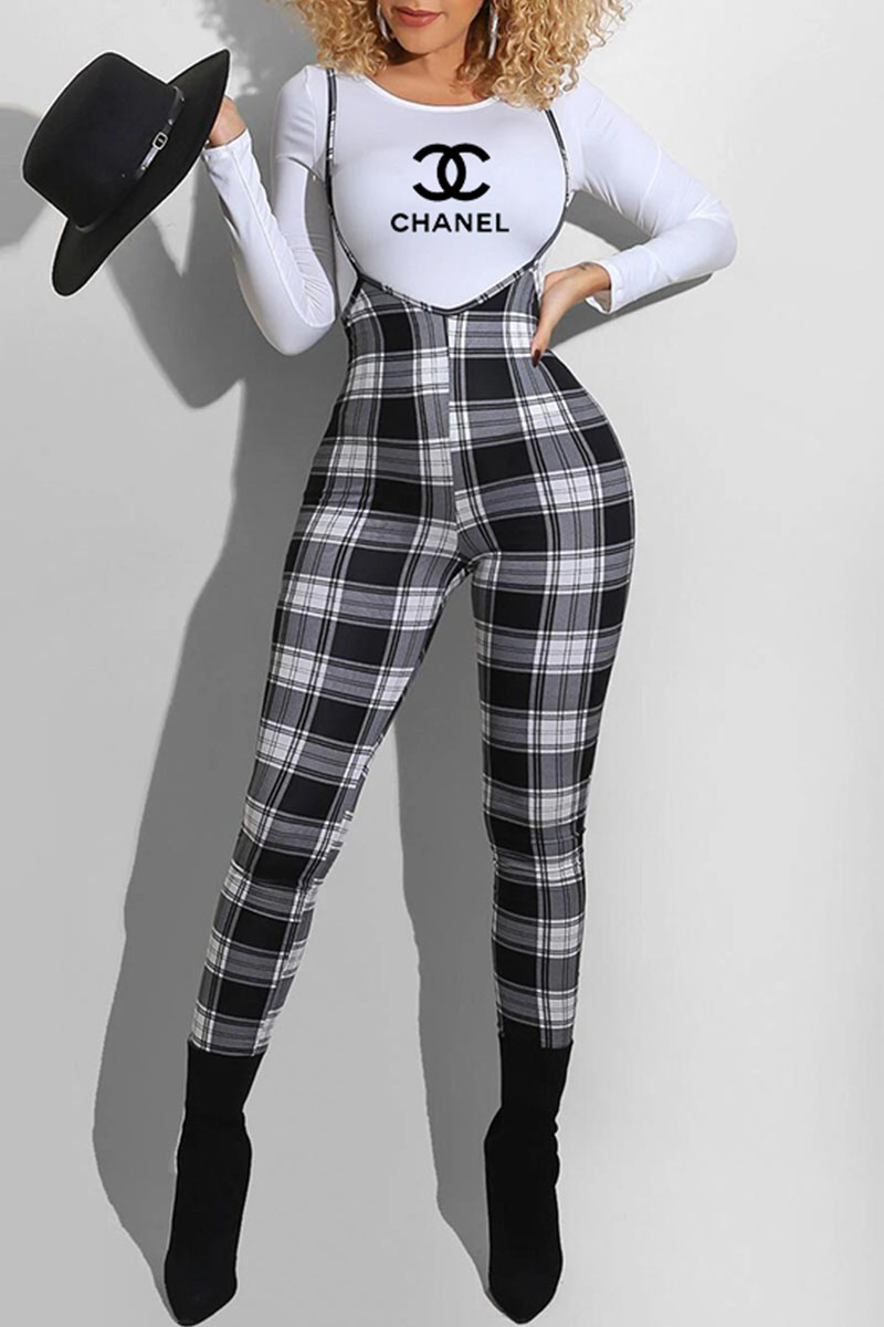 Black And White Fashion Street Print Letter O Neck Long Sleeve Two Pieces
