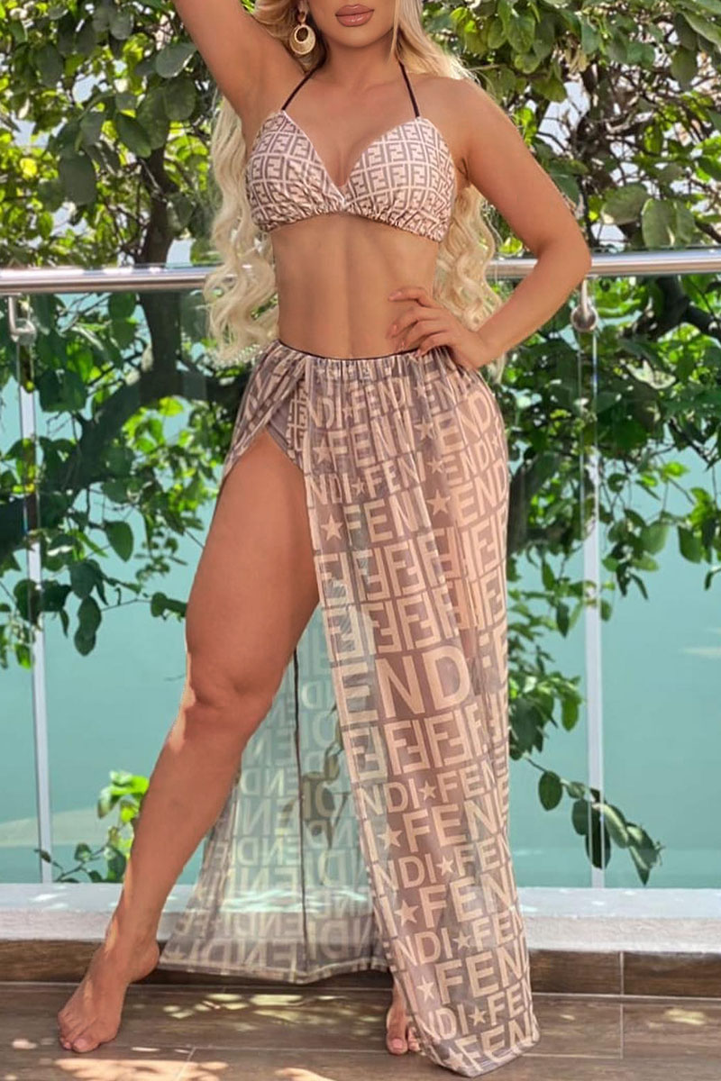 

Khaki Fashion Sexy Letter Split Joint Swimwears