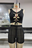 Black Fashion Sexy Solid Bandage Hollowed Out See-through V Neck Sleeveless Two Pieces