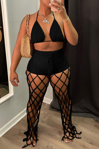 Black Sexy Solid Hollowed Out Patchwork Sleeveless Two Pieces Crochet Knit Halter Crop Tops And Pants Sets