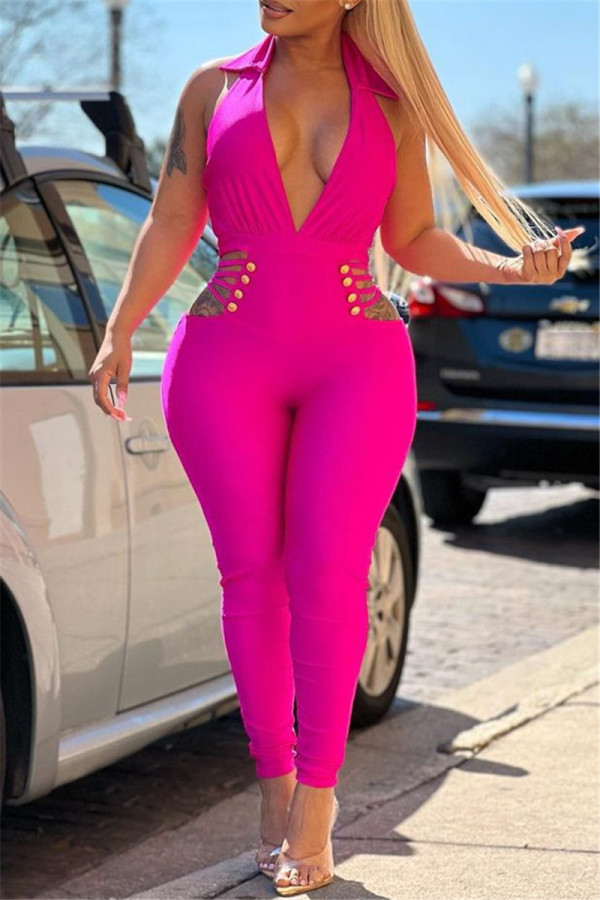Rose Red Fashion Sexy Casual Solid Hollowed Out Backless Halter Skinny Jumpsuits