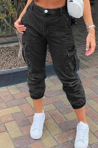 Zwarte mode casual effen patchwork hoge taille regular denim jeans