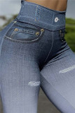 Calças lápis azul moda casual sportswear estampa patchwork skinny cintura alta