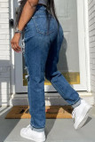Donkerblauwe mode casual gescheurde hoge taille regular denim jeans