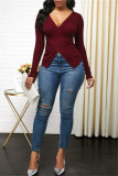Red Fashion Casual Solid Patchwork V Neck Tops