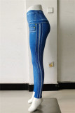 Blaue, modische, lässige Sportswear-Druck-Patchwork-Röhrenhose mit hoher Taille