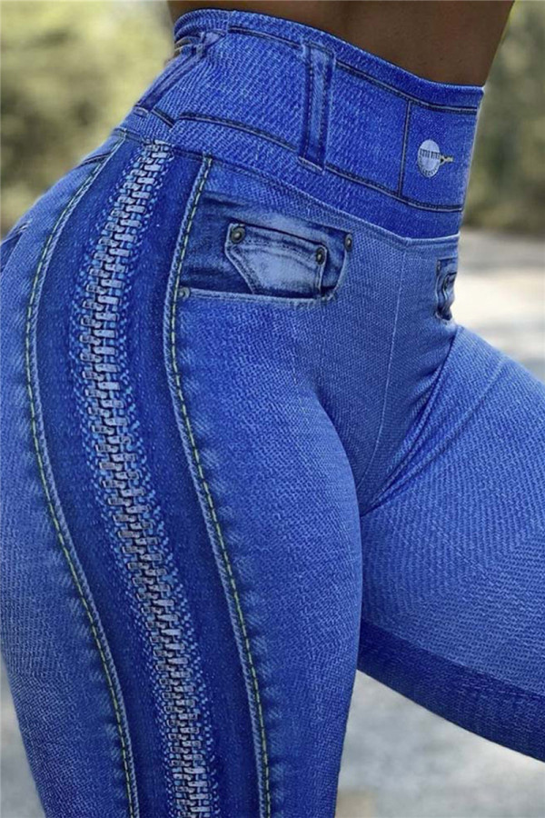Pantaloni skinny a vita alta a vita alta con stampa patchwork casual di moda blu