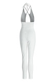 Weiße, sexy, solide Patchwork-Overalls mit rückenfreiem Neckholder