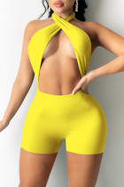 Желтый модный сексуальный сплошной выдолбленный комбинезон с открытой спиной и лямкой на шее