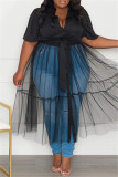 ブラック ファッション カジュアル プラス サイズ ソリッド パッチワーク ターンダウン カラー ショート スリーブ ドレス