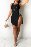 Черное модное сексуальное платье-жилет с разрезом и U-образным вырезом