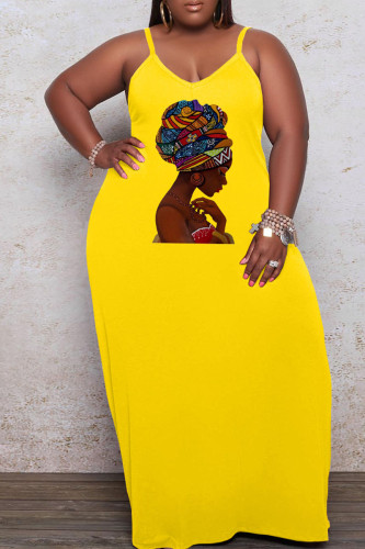 Yellow Casual Print Patchwork Spaghetti Strap Sling Dress Plus Size Dresses