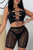 Black Fashion Sexy Solid Bandage Hollowed Out See-through V Neck Sleeveless Two Pieces