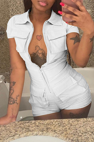 White Casual Solid Patchwork Zipper Turndown Collar Regular Rompers